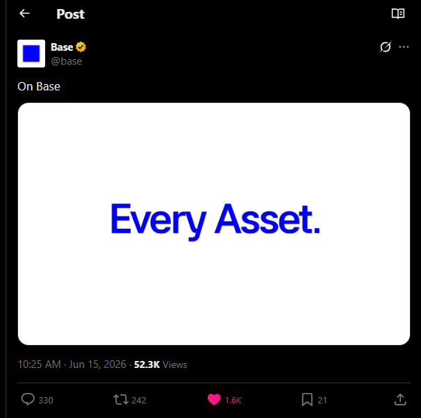 The image shows a post from @base, which has been published on Twitter. The post contains a white square containing the text "Every Asset." Below this, there are two numbers representing views of the post, with one being 52,300 and the other being 1,631. Additionally, there is a heart icon in the bottom right corner of the image. The post seems to be promoting the idea that having more assets on social media platforms can lead to better engagement and interaction from followers.