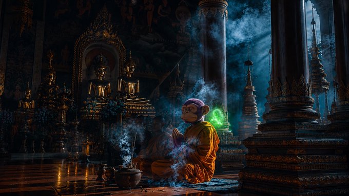 A monkey in orange robes meditates peacefully within a grand, golden temple filled with Buddha statues and incense smoke, evoking the meme's sense of calm enlightenment. The serene scene pairs with the "profoundly simple. $BAYLA" caption to suggest that despite life's complexity, the answer is as straightforward as a monkey finding inner peace.