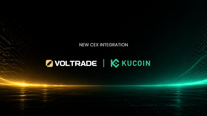 A sleek digital announcement graphic reads "NEW CEX INTEGRATION" above the logos for Voltrade and KuCoin, set against a dark background with glowing orange and green light streaks. The image visually highlights the new partnership between the two platforms, supporting the announcement about Voltrade's expanded ability to run token-based trading competitions for any asset listed on KuCoin.
