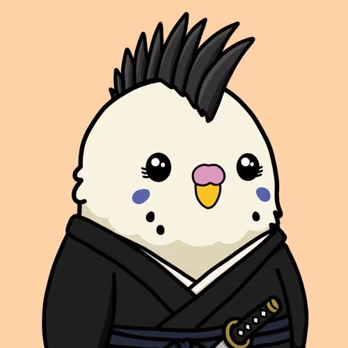 A cute cartoon illustration of a white bird-like character with a black mohawk wearing a black samurai outfit, set against a peach background.