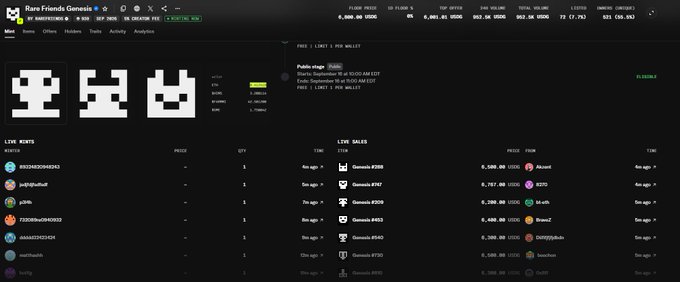 A dark-themed NFT marketplace dashboard for 'Rare Friends Genesis' showing floor prices, volume, and listings/sales data with various wallet addresses.