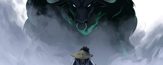 A dramatic anime scene depicts a character wearing a conical straw hat standing below a massive, shadowy demonic bull with a glowing nose ring, set against a foggy background.