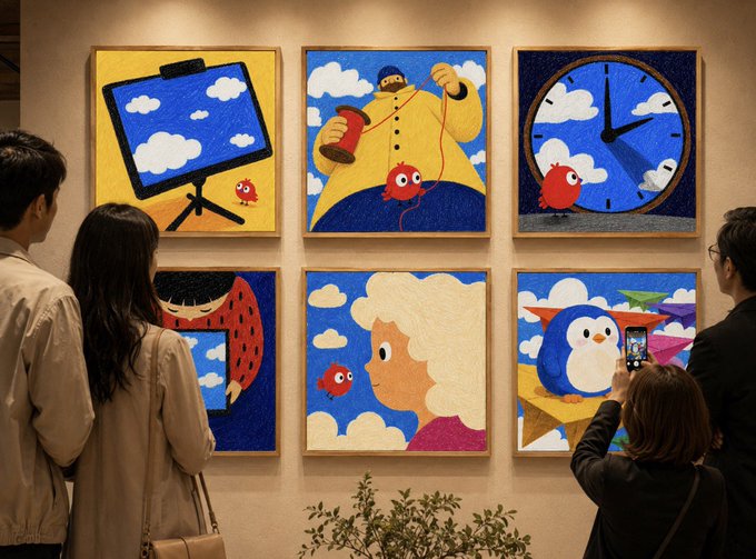 Visitors admire a vibrant gallery of six textured mixed-media paintings featuring whimsical subjects like a sailor with thread, a penguin, and clocks against blue skies, with one guest photographing the artwork on their phone. The scene captures the moment of a curated art reveal—much like a creator carefully selecting additional collectors before opening access to a wider audience.