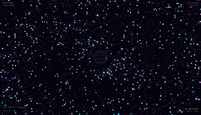 A dark starfield visualization from Astros.ag showing scattered colorful dots representing nodes across a network, with a geometric symbol in the center.