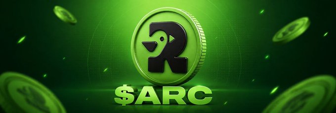 A 3D rendering of a green cryptocurrency coin with the letter 'R' displayed prominently, labeled '$ARC' below it, surrounded by floating green coins against a dark green background.