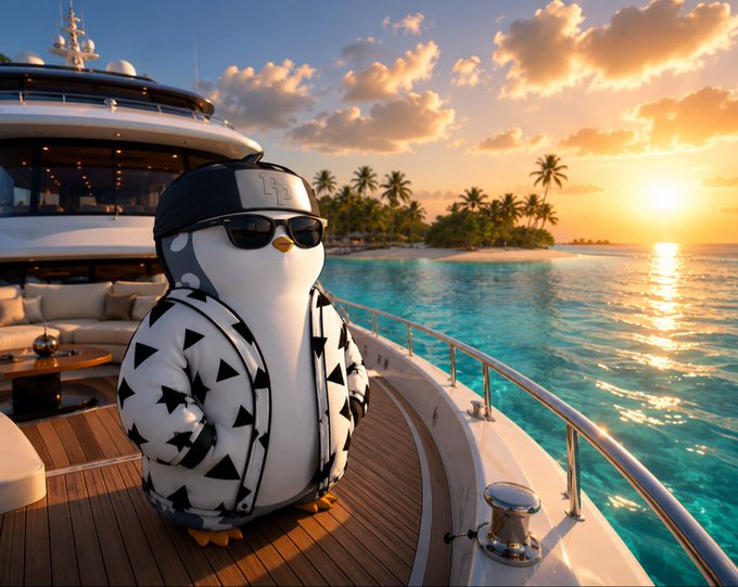 An AI-generated image shows a penguin wearing sunglasses and a black-and-white patterned jacket, standing on the deck of a luxury yacht at sunset.