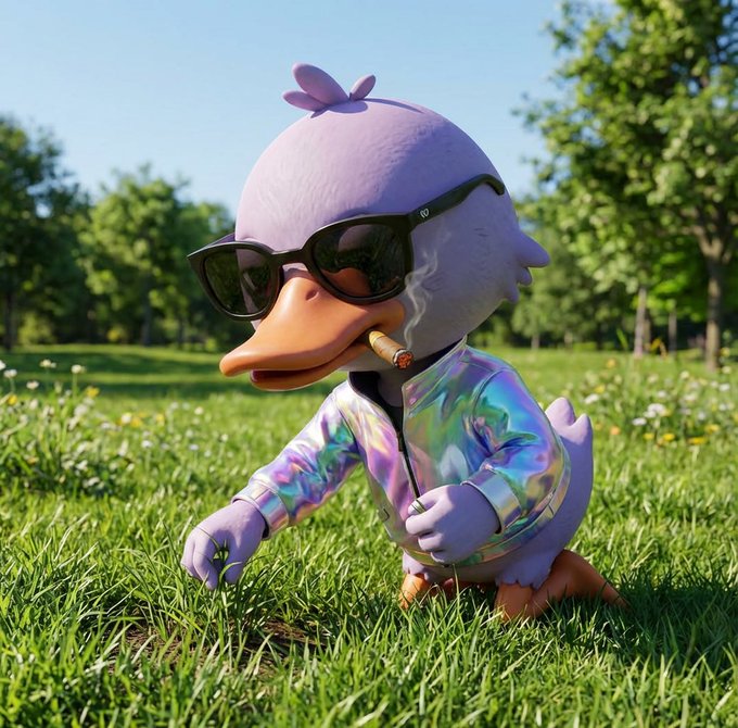 The image features a cartoon duck wearing sunglasses, holding a cigarette, and standing on grass with its feet touching the ground. The background includes trees and flowers, creating an outdoor setting for the scene. The caption of the image reads "GM 𝕏 Happy Weekend Web3! U know what’s the plan? Never stop Quippin on @quipnetwork".