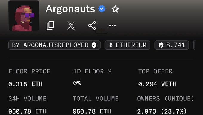 Screenshot of an NFT collection page for "Argonauts" on Ethereum, showing 8,741 items with a floor price of 0.315 ETH, top offer of 0.294 WETH, and 2,070 unique owners (23.7%). The post suggests the author dismissed FUD (fear, uncertainty, and doubt) by doing their own research, likely pointing to the collection's trading volume and active holder base as evidence supporting their position.