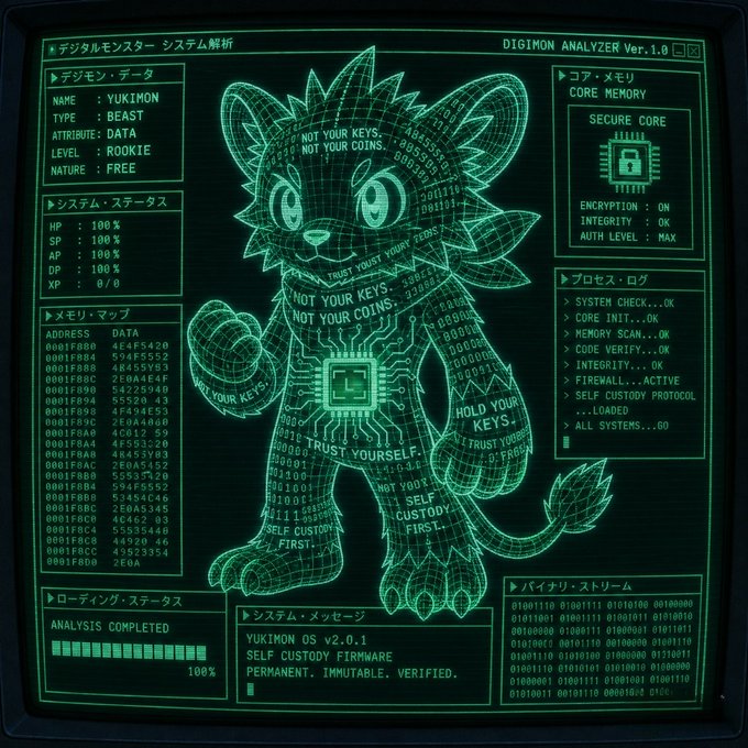 The image depicts a green wireframe Digimon analyzer screen displaying a Yukimon (Beast-type, Rookie level) character rendered in digital mesh, with text including "DIGIMON ANALYZER Ver.1.0," "SELF CUSTODY FIRST," "NOT YOUR KEYS, NOT YOUR COINS," and system status panels showing 100% integrity and encryption active.

The wireframe analyzer interface with its "SELF CUSTODY" messaging visually reinforces the post's theme of treating financial self-custody as a fundamental principle—the digital Digimon framework serves as a playful metaphor for positioning one's own ledger as the core element of financial autonomy.