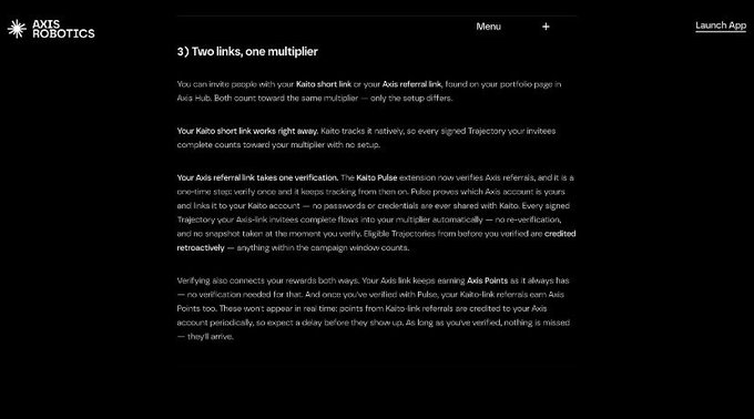 Screenshot of Axis Robotics documentation titled "3) Two links, one multiplier" explaining Kaito short links and Axis referral links for tracking invitees toward a multiplier.