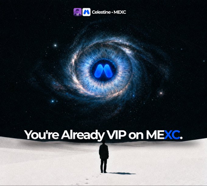 The image features a striking cosmic scene with a swirling galaxy/eye motif containing a blue "M" logo, beneath which a small silhouetted figure stands on a lunar-like surface looking up at the celestial display. The text "Celestine • MEXC" appears at the top, while the bold message "You're Already VIP on MEXC." dominates the center, visually reinforcing the post's message that users gain VIP status on MEXC without needing whale-level holdings, with the lone figure gazing at the impressive cosmic VIP imagery symbolizing the elevated experience accessible to all users.