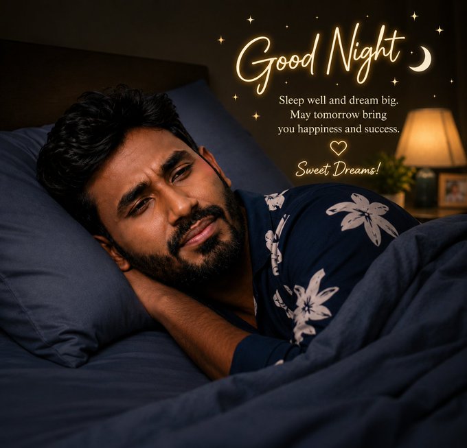 A man lying in bed with blue pillows and blankets, wearing a dark floral patterned shirt. Text overlay reads 'Good Night', 'Sleep well and dream big. May tomorrow bring you happiness and success.', and 'Sweet Dreams!' with a heart symbol.