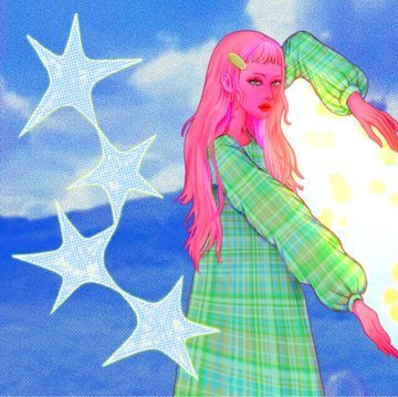 An illustration of a pink-haired anime-style character in a green plaid dress holding a glowing object, set against a blue sky with large white star shapes overlaid.