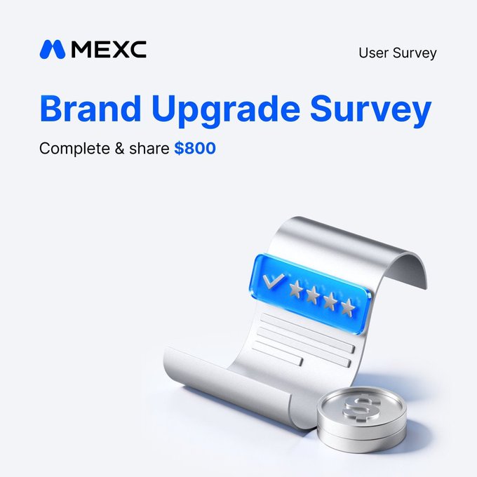 The image shows a silver piece of paper with four stars on it, placed on top of a coin. The text "MEXC Brand Upgrade Survey" is displayed above the paper, indicating that this is an advertisement for a brand upgrade survey. The coins are positioned in front of the paper to emphasize its importance and relevance to the survey.