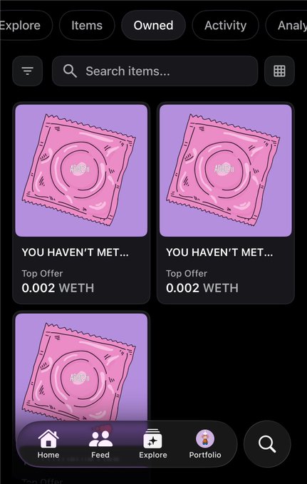 A mobile app screenshot showing a digital marketplace with pink condom package illustrations labeled 'YOU HAVEN'T MET...' with a top offer of '0.002 WETH', featuring navigation tabs for Home, Feed, Explore, and Portfolio.
