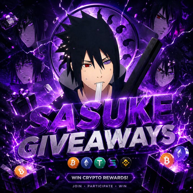 Promotional graphic for 'SASUKE GIVEAWAYS' featuring an anime character with purple lightning effects, cryptocurrency logos including Bitcoin (BTC) and Ethereum (ETH), and text reading 'WIN CRYPTO REWARDS! JOIN • PARTICIPATE • WIN'.
