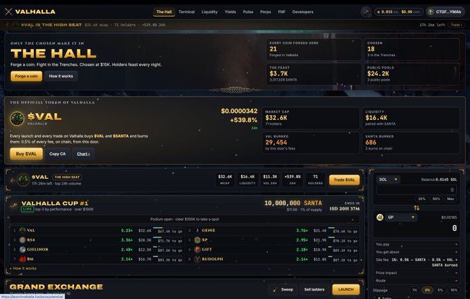 A screenshot of the Valhalla crypto website shows token information including '$VAL' at $0.000342, market cap $32.6K, and the token has surged +539.8%.