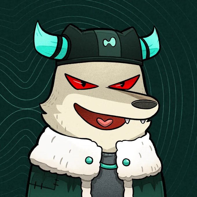 A cartoon illustration of a gray wolf-like character with red eyes, fangs, and glowing cyan horns, wearing a black cap with a bone logo and a fur-collared jacket.