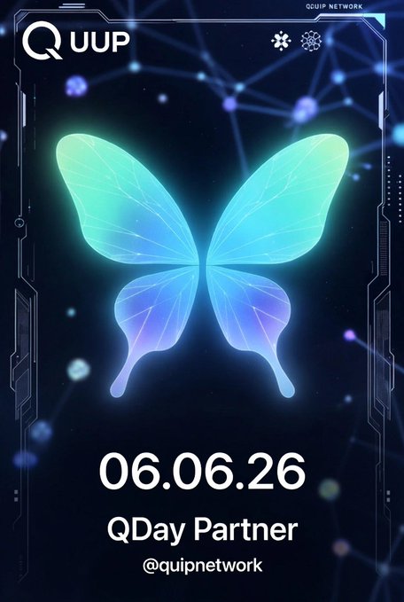 The image depicts a poster that showcases a butterfly graphic, with the date of 06/06/26 set underneath it. The title "Good Evening, Legends! After being super busy the last 4 days and barely active, I’m finally kinda full back in, starting the day extra bulls on @quipnetwork". The text implies that there might be an event or collaboration happening involving Quantum Network, and it's scheduled to take place on this date.