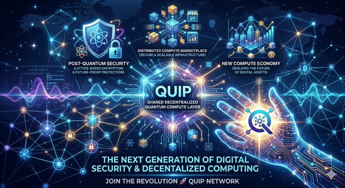 The image features a poster for Quip, which is a company that specializes in digital security and decentralized computing. The poster showcases a blue background with various elements related to their technology and services. These include a shield symbolizing protection, a hand holding a computer mouse, and a network of interconnected lines representing the internet. The text on the poster highlights the importance of digital security and the role Quip plays in creating a shared decentralized computing environment.