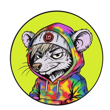 A colorful cartoon illustration features a fierce-looking mouse or rat wearing a rainbow tie-dye hoodie with cat-ear-like hood details, set against a bright lime green circular background.