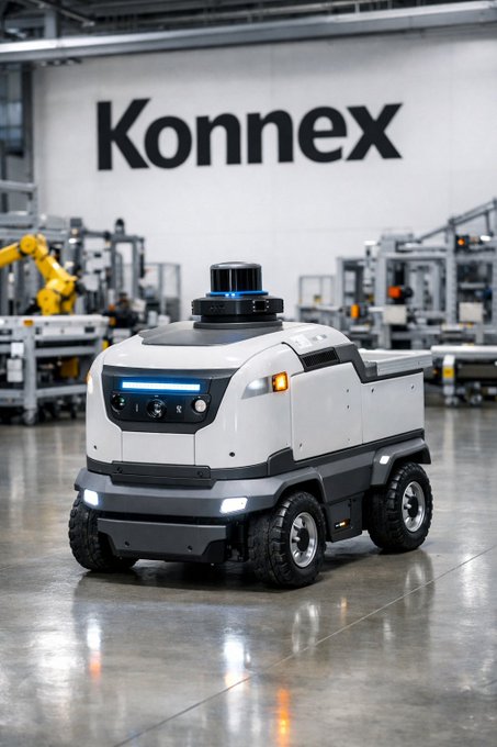 A white autonomous delivery robot with four wheels and a sensor on top sits on a factory floor with the word 'Konnex' displayed in large letters on the wall behind it.