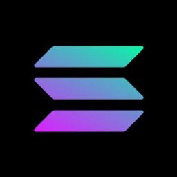 The image shows the Solana ($SOL) logo, featuring three stacked parallelogram shapes with a gradient of teal, blue, and purple against a black background—directly matching the post's reference to needing $SOL.