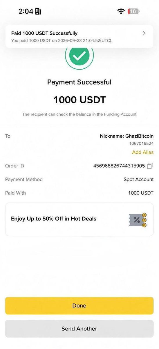 A payment confirmation screen showing a successful payment of 1000 USDT sent to the nickname 'GhaziBitcoin' via Spot Account.