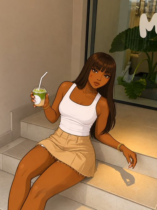 A stylized digital illustration of a young woman with long brown hair, wearing a white tank top and beige skirt, sitting on steps holding a green beverage with a straw, accessorized with gold jewelry.