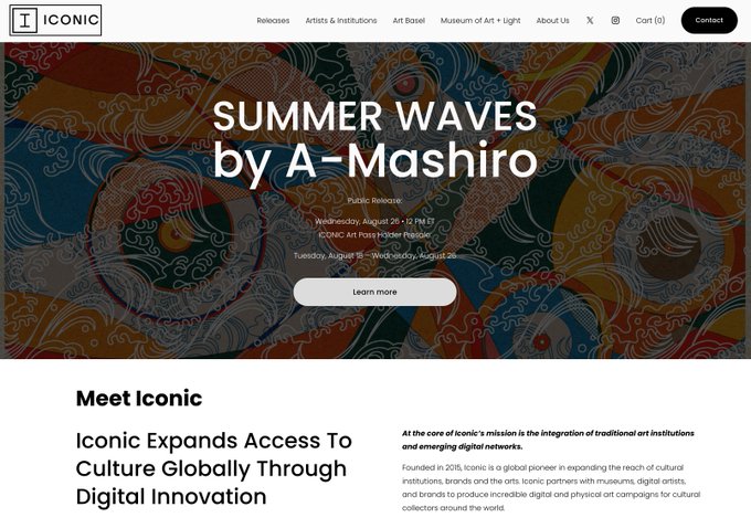 An ICONIC website page announcing 'SUMMER WAVES by A-Mashiro' public release on Wednesday, August 25, with the headline 'Iconic Expands Access To Culture Globally Through Digital Innovation'.
