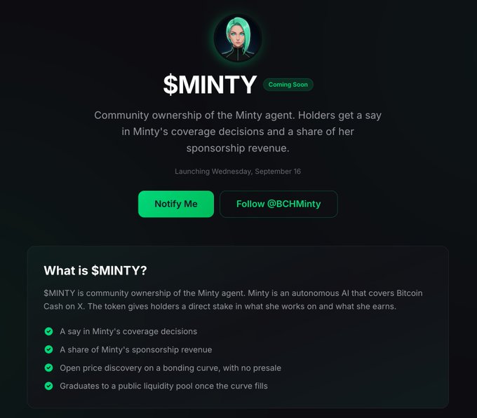 A promotional graphic for '$MINTY' (Coming Soon) about community ownership of an AI agent named Minty covering Bitcoin Cash on X, launching Wednesday, September 16, with buttons 'Notify Me' and 'Follow @BCHMinty'.