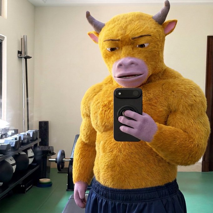 A person wearing a furry yellow bull or minotaur costume takes a mirror selfie with a smartphone in a gym setting.