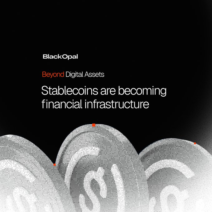 Minimalist black and white promotional graphic for 'BlackOpal Beyond Digital Assets' with the tagline 'Stablecoins are becoming financial infrastructure' over a pixelated wave design.