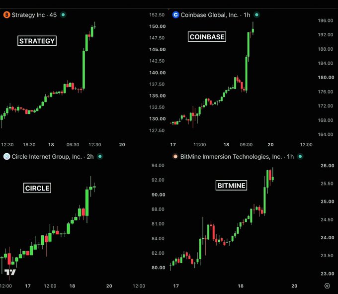 A financial dashboard showing candlestick charts for four crypto-related stocks: Strategy Inc, Coinbase Global, Circle Internet Group, and BitMine Immersion Technologies, all displaying upward trends.