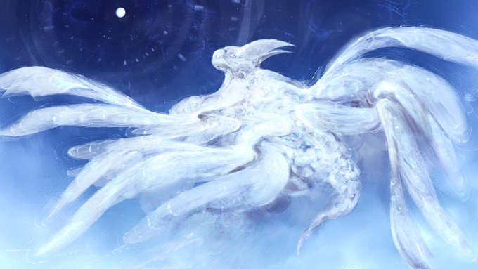 A mystical creature with an eagle's head and multiple flowing white tentacle-like appendages floats in a deep blue, starry underwater environment.