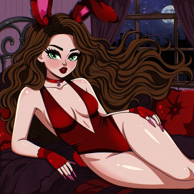An anime-style illustration of a brown-haired woman with bunny ears wearing a red bunny outfit, reclining on a bed with a moonlit night cityscape visible through a window behind her.
