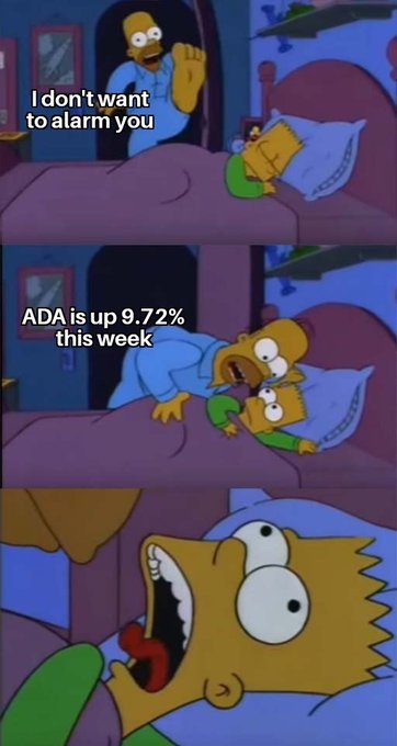 A three-panel Simpsons meme shows Homer waking Bart with 'I don't want to alarm you' followed by 'ADA is up 9.72% this week,' ending with Bart's shocked expression.