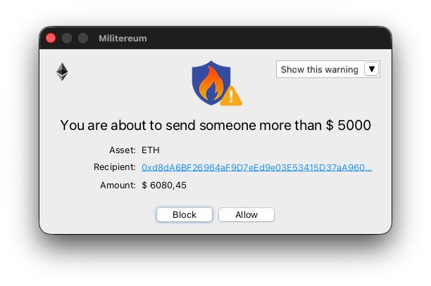 A MetaMask Militemeum warning dialog alerting the user about sending over $5000 in ETH ($6080.45) with Block and Allow options.