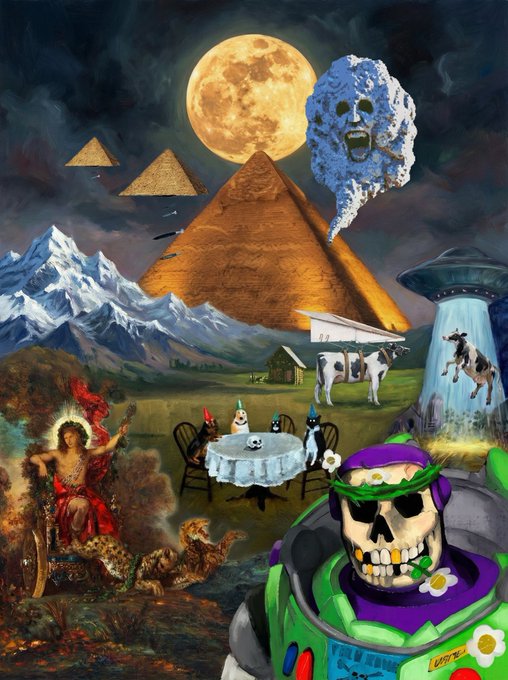 A surreal digital artwork featuring a pyramid, full moon, mountains, UFOs beaming up cows, a skeleton dinner party, and Buzz Lightyear as a skull.
