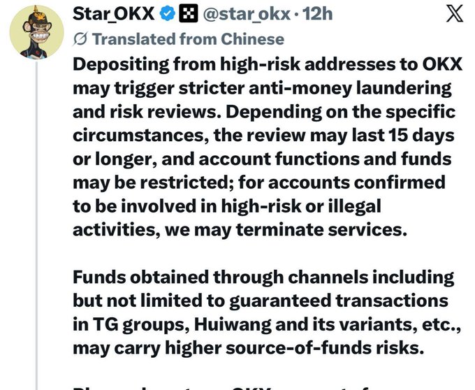 The image shows a translated tweet from the verified OKX account (@star_okx) warning users that depositing from high-risk addresses may trigger AML reviews lasting 15 days or longer, with potential account restrictions and service termination for accounts linked to illegal activity. The post specifically highlights funds from sources like guaranteed TG group transactions and "Huiwang" as carrying elevated source-of-funds risks, which directly supports the accompanying caption's warning about meme coin/airdrop users verifying their wallets.