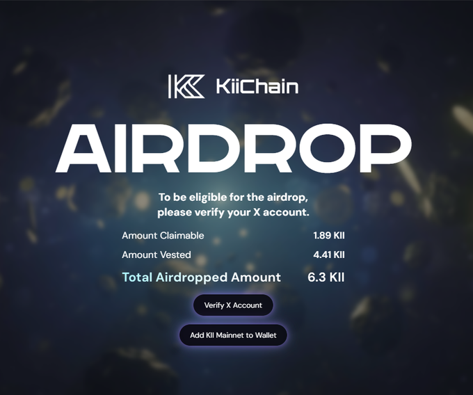 A KiiChain airdrop announcement page showing 1.89 KII claimable and 4.41 KII vested for a total of 6.3 KII, with buttons to verify X account and add KII mainnet to wallet.