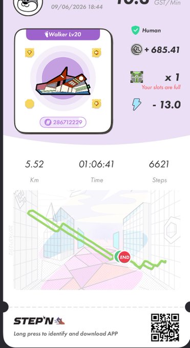 The image shows a phone screen displaying a fitness tracking app called "StepN" with a purple background, white text, and an illustration of a city skyline. The app has a map that displays a route for walking or running along a river, which is currently blocked by a red circle. The user's current step count is 522, and they have already taken 621 steps. There are also some other details about the app on the screen, such as the time it was last used (6:42) and the number of steps taken so far (621).