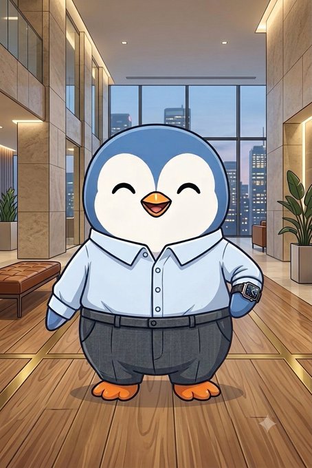 An anime-style illustration of a cute, plump penguin character wearing a white button-up shirt, gray pants, and a watch, standing in a modern luxury apartment with city skyline views.