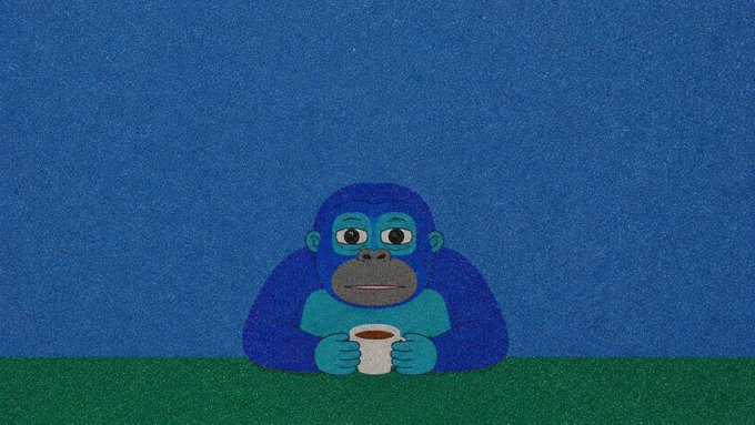 A digital illustration shows a blue gorilla with a tired expression sitting against a blue wall, holding a white mug of dark liquid on a green surface.