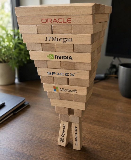 A Jenga-style stack of wooden blocks labeled with major tech companies (Oracle, JPMorgan, NVIDIA, SpaceX, Microsoft) standing on two smaller blocks labeled "OpenAI" and "ANTHROPIC," symbolizing the AI industry's reliance on these tech giants.