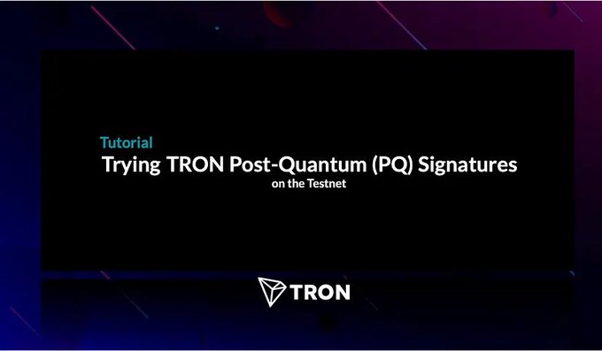 A tutorial slide titled 'Trying TRON Post-Quantum (PQ) Signatures on the Testnet,' with the TRON logo at the bottom against a dark purple background.