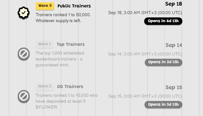 A schedule showing mint waves: Wave 1 'Top Trainers' opens Sep 14, Wave 2 'OG Trainers' opens Sep 15, and Wave 5 'Public Trainers' opens Sep 18, all at 3:00 AM GMT+3 (00:00 UTC).