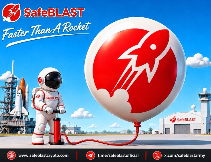 An astronaut pumps up a giant rocket-themed balloon branded with the SafeBLAST (BLAST) logo, set against a space launch facility under the slogan "Faster Than A Rocket." The imagery visually reinforces the post's message about teamwork driving rapid community growth—depicting the project literally "inflating" toward a powerful launch.