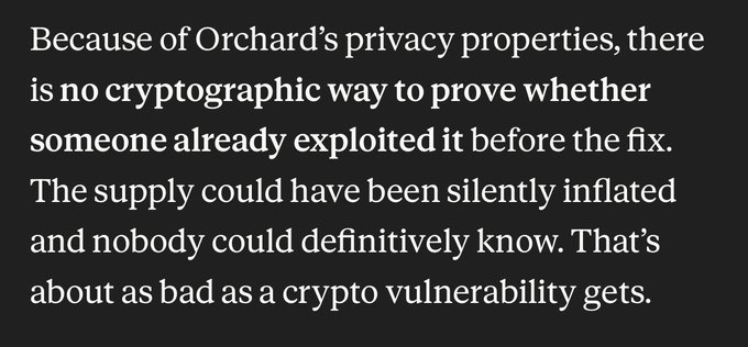 The image features a text-based photo of an article about cybersecurity, specifically about a privacy concern related to Orchard's privacy properties. The post appears to be discussing a method used by someone already exploited a vulnerability before they could fix it.