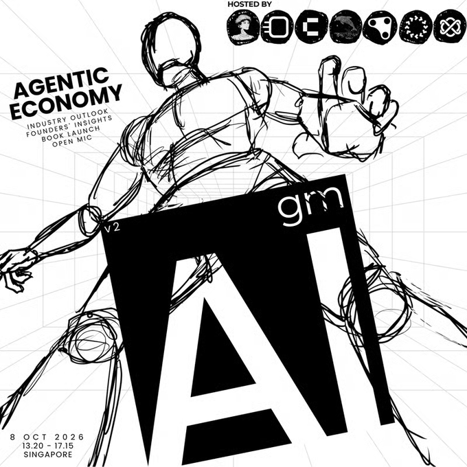Black and white event poster for the 'Agentic Economy' V2, hosted by various organizations, taking place on 8 Oct 2026, 13.20-17.15 in Singapore, featuring sketch art of a figure.